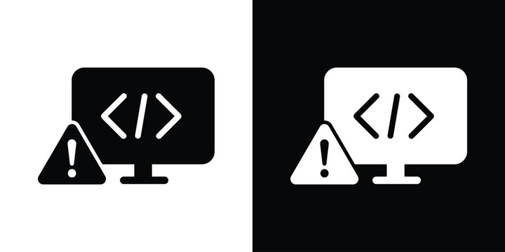 Laptop screen showing code brackets with a prominent warning triangle icon. Concept for software bug, coding error, system crash, technical alert, or cyber threat.