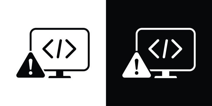 Laptop screen showing code brackets with a prominent warning triangle icon. Concept for software bug, coding error, system crash, technical alert, or cyber threat.