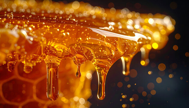 Close up of golden honey dripping from honeycomb against a dark background