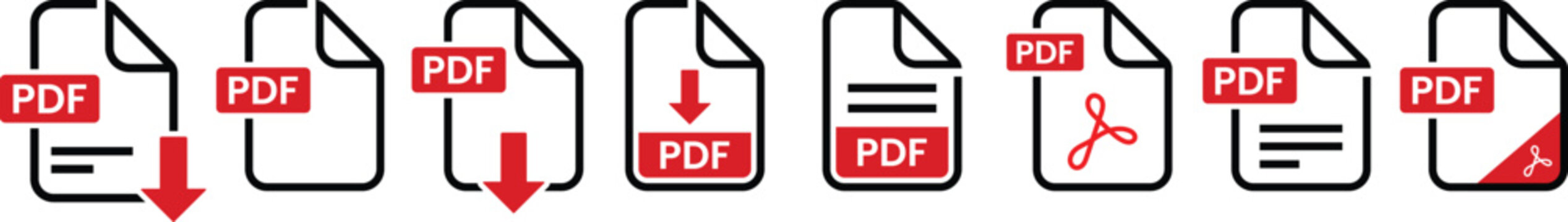PDF file format icon set. PDF file download vector set. Format for texts, images, videos. vector illustration on transparent background.