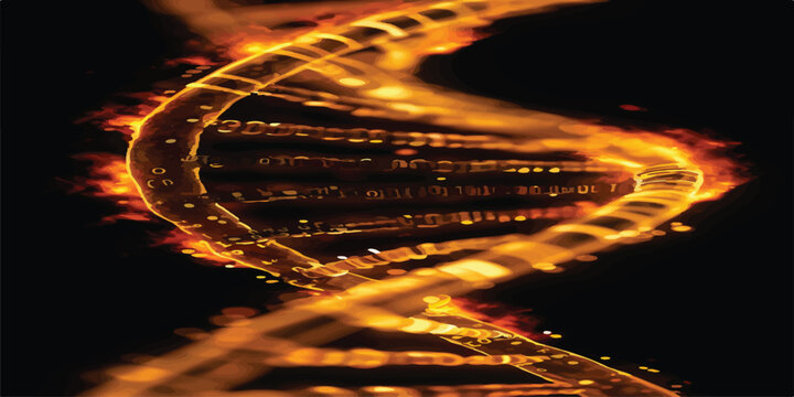 Fiery golden DNA double helix structure on black background with medical research health care science technology biochemistry analysis genetic engineering life science genetic code biology rese