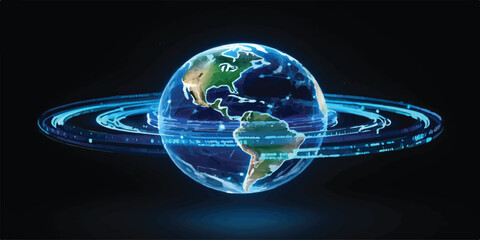 Digital earth with glowing blue orbital rings and data streams against black background sci fi three dimensional world map technology background abstract communication computer connection © Rosa Alba L 