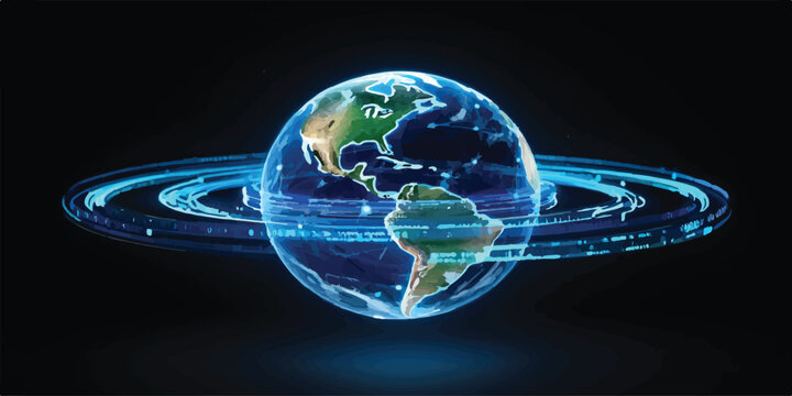Digital earth with glowing blue orbital rings and data streams against black background sci fi three dimensional world map technology background abstract communication computer connection