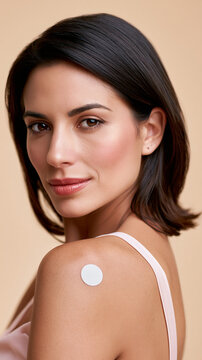 A beautiful woman with a white medical nicotine or contraceptive patch on her upper arm.