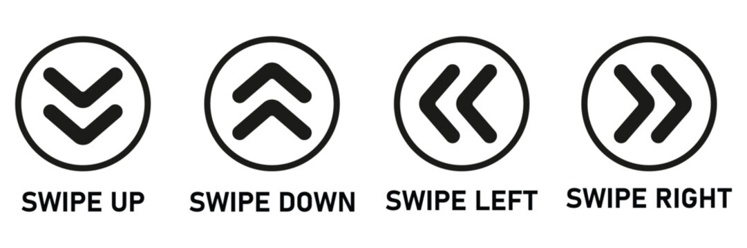 Collection of black and white swipe gesture icons for mobile application user interface navigation