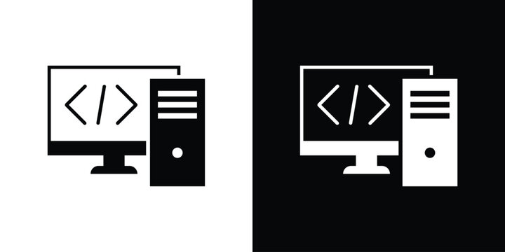Desktop computer monitor showing programming brackets next to a PC tower. Represents a developer workstation, hardware setup, software building, and computing power.