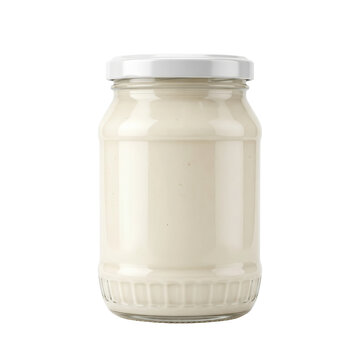 Blank clear glass jar filled with white cream mayonnaise