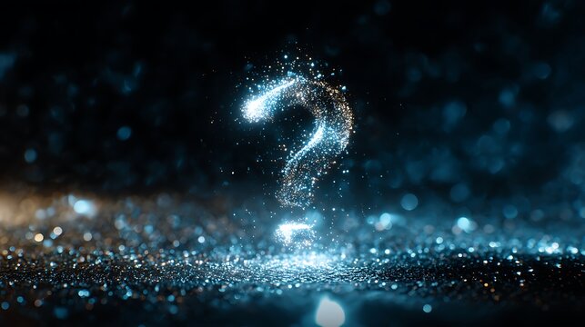 Glowing question mark made of sparkling particles rises from a shimmering surface in darkness.