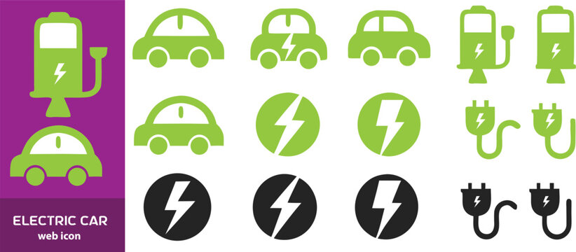 Electric car charging icon set. EV station, plug, socket, hybrid car, green electric car with plug symbol on white background - stock vector.