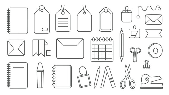 Stationery line drawing collection on a white background office supplies school writing tools paper goods notebook spiral notepad tag price label