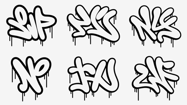 Graffiti style letterforms with drips black and white vector illustration lettering typography urban art street bubble letters throw up tagging splashes black and white