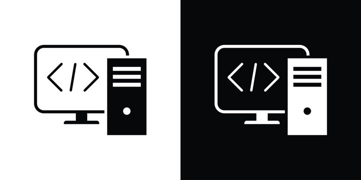 Desktop computer monitor showing programming brackets next to a PC tower. Represents a developer workstation, hardware setup, software building, and computing power.