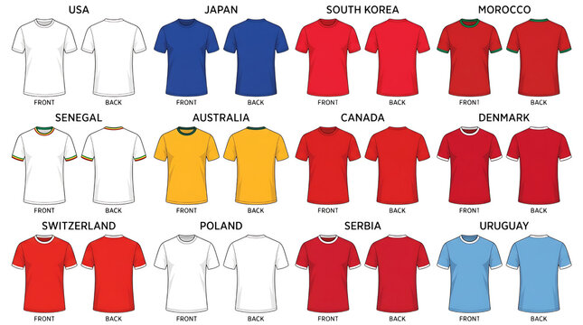 Set of blank soccer national team jersey mockups on transparent background