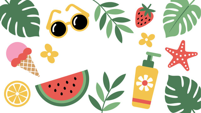 Tropical fruit and summer accessories vector illustration with a white background watermelon strawberry ice cream sunglasses sunscreen starfish orange slice monstera