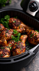 Fototapeta premium Roasted chicken drumsticks in an air fryer basket, highlighting crispy texture, home cooking, and modern kitchen appliance use.