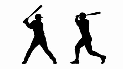 Baseball player silhouettes in action against a white background batter hitting swinging sportsman athlete silhouette black monochrome isolated cutout vector graphic © Digishopppp