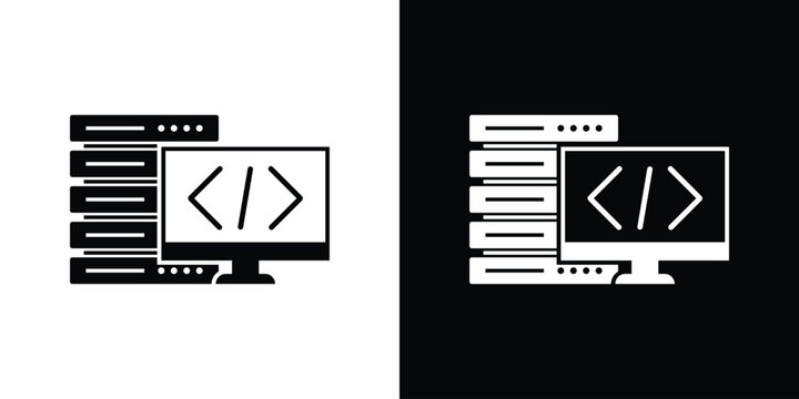 Computer monitor with coding signs placed in front of a rack of servers. Represents backend development, database architecture, network administration, and hosting.