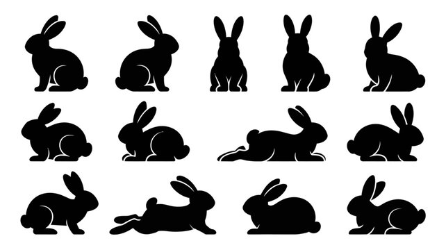 Rabbit Silhouettes Collection On White Background rabbits bunny bunnies hare hares silhouette black isolated vector graphic animal mammal fauna wildlife nature