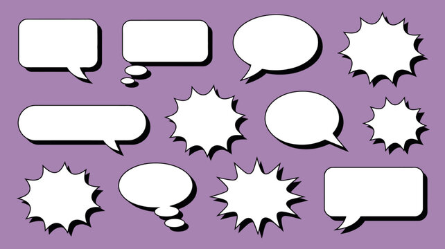 Collection Of Comic Book Speech Bubbles And Starbursts On Purple Background bubble balloon thought dialogue box burst shape starburst explosion effect