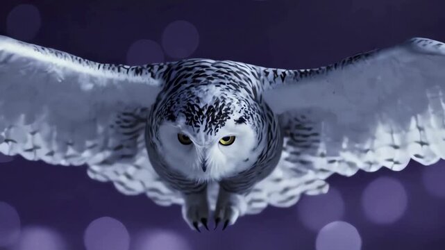 Professional Snowy Owl Flying Night Bokeh Background 4K Stock Video