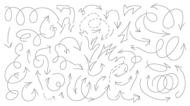 Collection Of Hand drawn Arrows And Swirls Black Line Vector Illustration On White Background arrowhead curls loops lines scribbles doodles hand drawn