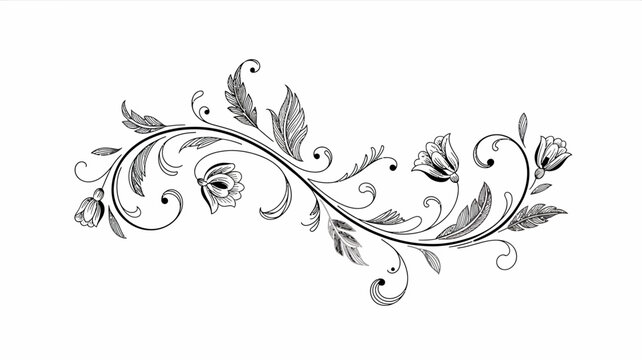 Floral ornament with swirling leaves and blossoms in a black and white vector style flower design botanical illustration leaf motif scrollwork