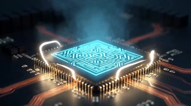 Futuristic glowing blue microchip with intricate circuit patterns for AI technology concept