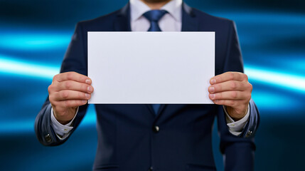 Naklejka premium Businessman in a suit holding a blank white sign against a blue background, ideal for advertising, messaging, and mockup use.