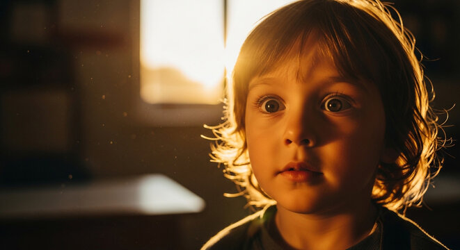 Child in silhouette against a blurred background of warm indoor lighting. Thoughtful expression with soft focus on face in light.