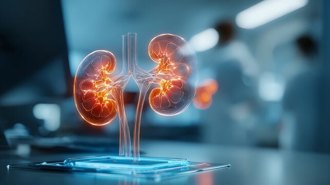 Medical illustration of glowing kidneys on a lab counter with doctors nearby