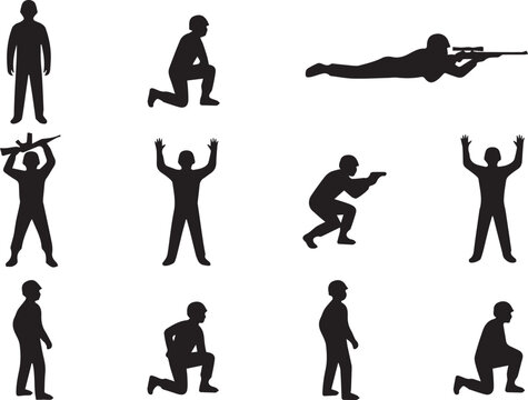 Military Soldier Silhouette Set with Tactical Poses Standing Kneeling Aiming Surrender and Prone Position Vector Collection