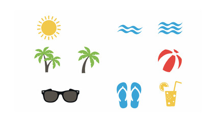 Fototapeta premium Summer Vacation Icons: A vibrant collection of graphic icons representing a perfect summer vacation, including a shining sun, palm trees, sunglasses, flip-flops, waves, a beach ball.