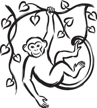 Artistic line drawing of a playful monkey hanging from a tree branch with heart shaped leaves