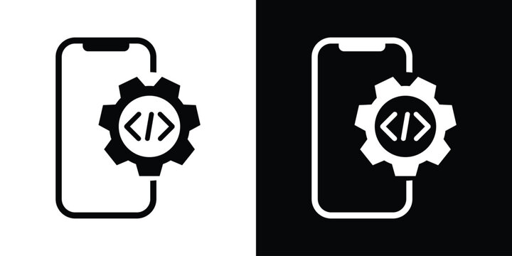 Mobile application development icon showing a smartphone paired with a programming gear, in black and white styles.