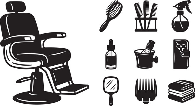 Barber chair and grooming tools illustration set black