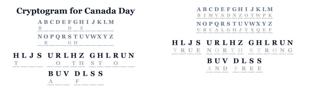 Cryptogram puzzle for Canada Day featuring secret code game concept  