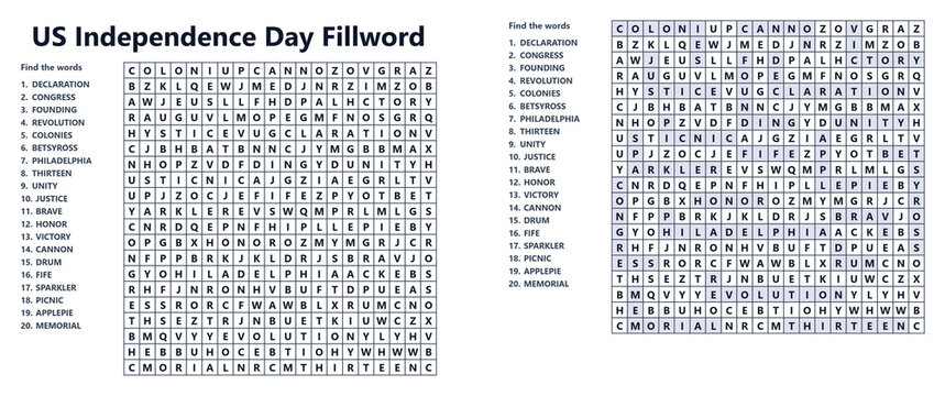 US Independence Day word search puzzle grid and answer key  