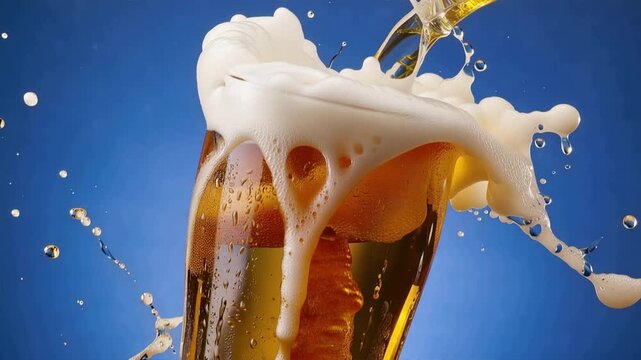 A refreshing glass of beer with foam and splashes against a vibrant blue background.