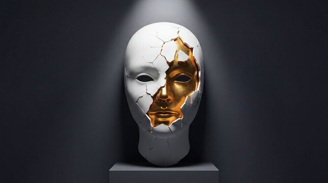 Conceptual breaking white mask revealing golden face for imposter syndrome