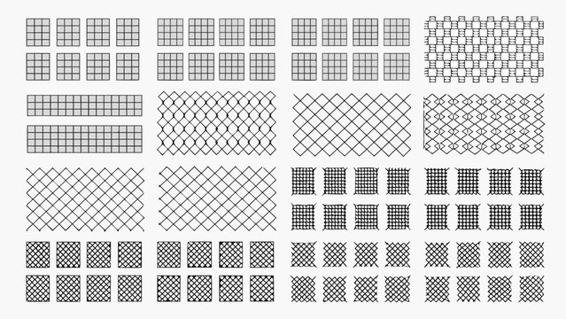 Collection of geometric hatching patterns displayed in grayscale showcasing various grid and diamond arrangements pattern crosshatching texture line mesh lattice repeating