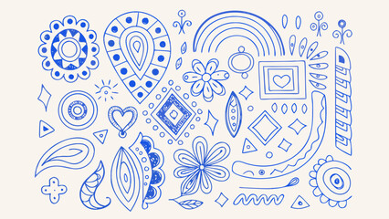 Blue line doodle pattern featuring floral shapes geometric forms and a rainbow on a light background abstract art circle collection colorful © Nipa