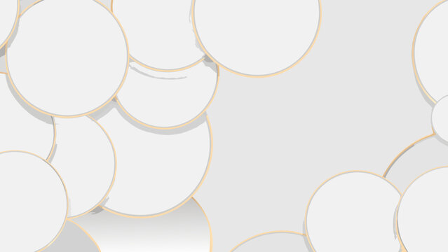 Layered white circles with gold rims a geometric pattern on a light gray background abstract overlapping round discs spheres shapes design