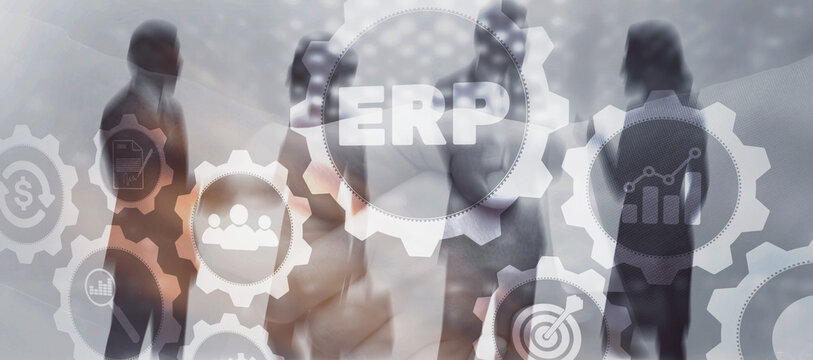 ERP system integration concept with gears, data flow and business process automation