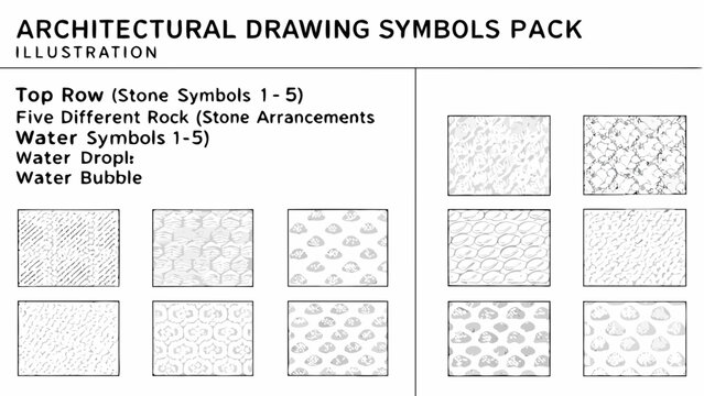 Architectural drawing symbols depicting various rock and water arrangements in a grayscale vector illustration stone arrangement texture pattern droplet bubble monochrome