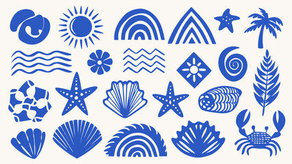 Blue marine life and botanical vector illustration collection featuring shells starfish and palm fronds aquatic beach coast coral crab decorative design © Nipa