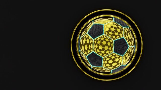 Top view animated golden soccer ball award emblem. Futuristic football championship icon rotating on black background 3d render