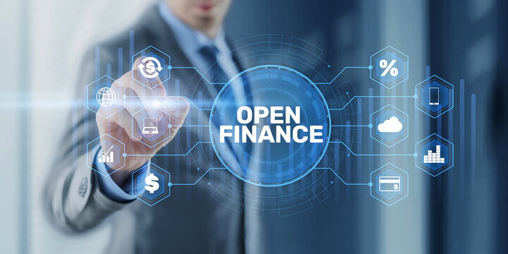 Open Finance Modern Financial Platform with Integrated Digital Systems Interface Businessman Touching Virtual Dashboard Screen Fintech Technology Concept