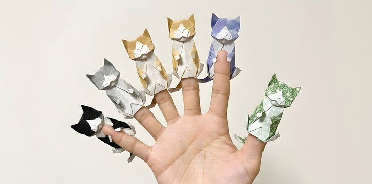 Hand wearing playful miniature cat finger puppets