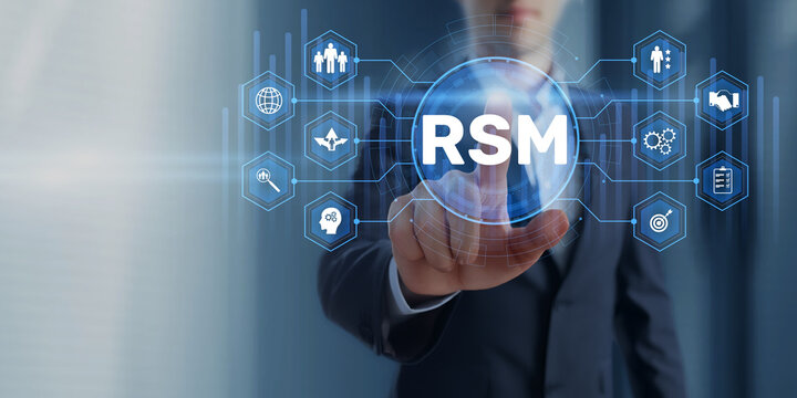 RSM concept with businessman touching virtual customer relationship interface and connected digital analytics network icons