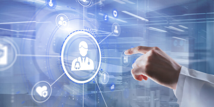 A hand selects a doctor icon on a tablet in a blurred medical office background